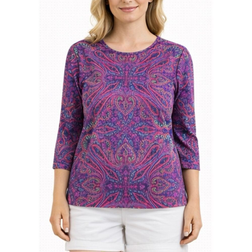 J.McLaughlin purple pink paisley mosaic signature tee size medium